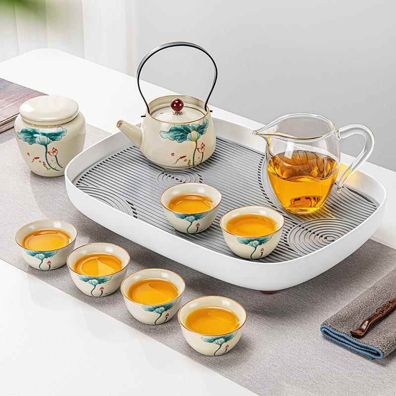 新中式黄汝窑荷叶提梁壶配方拾条纹茶盘汝瓷陶瓷家用会客用可