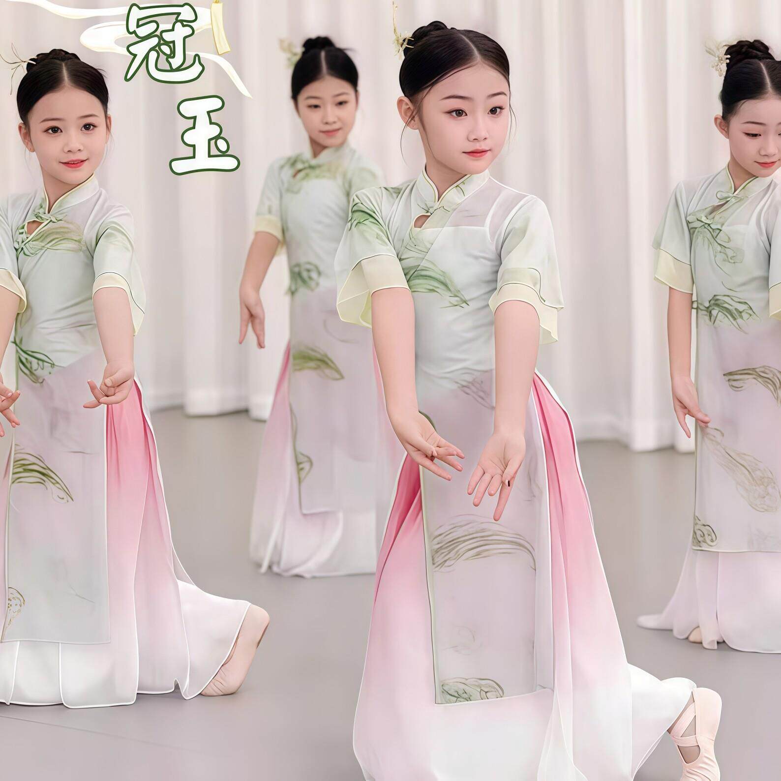 小月儿演出服儿童女春三月纱衣练功服中国风古典舞旗袍冠玉表演服