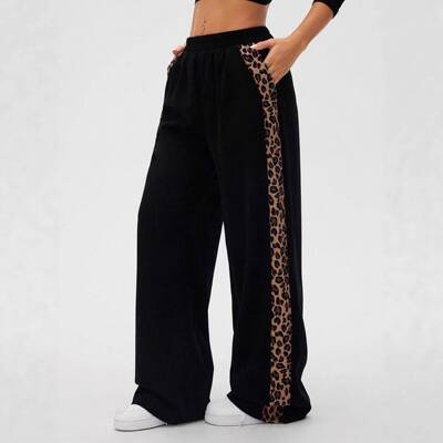 Plus Size Wide Leg Pants for Women, Side Leopard Print Panel