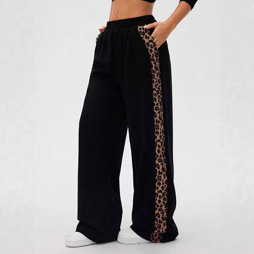 Plus Size Wide Leg Pants for Women, Side Leopard Print Panel