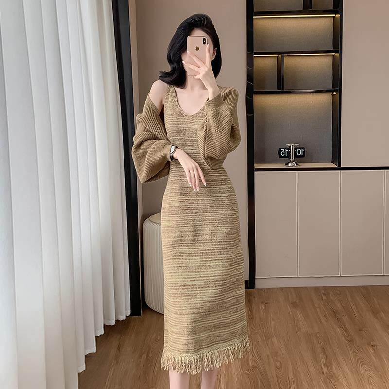 RIERA复古流苏针织吊带连衣裙毛衣开衫外套两件套女秋冬时尚法式