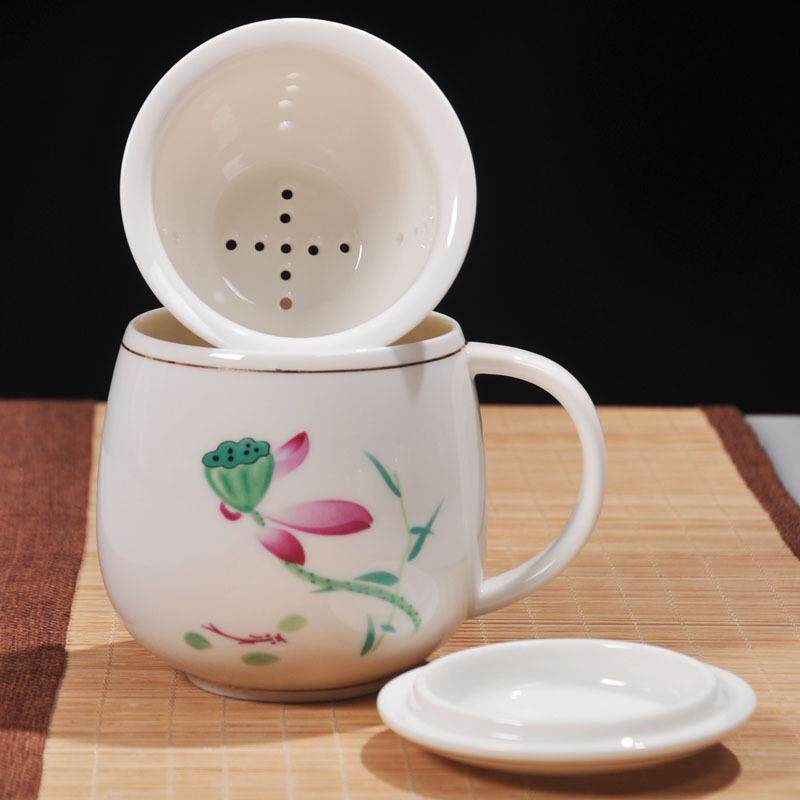 陶瓷杯同心杯带过滤带盖三件套家用办公会议室茶杯茶水分离三件杯