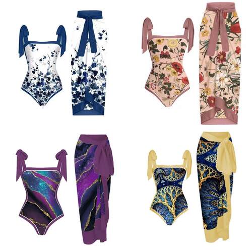 Summer Marble Colorblock Print One - Piece Swimsuit and Semi