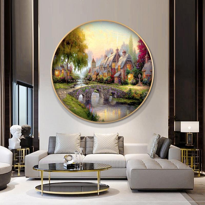 新中式山水油画圆形挂画风景画入户玄关壁画客厅装饰画招财风水画