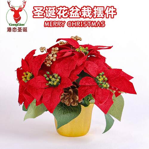 红色圣诞花盆栽桌面摆件港之恋新款仿真花餐厅酒吧圣诞花环装饰品