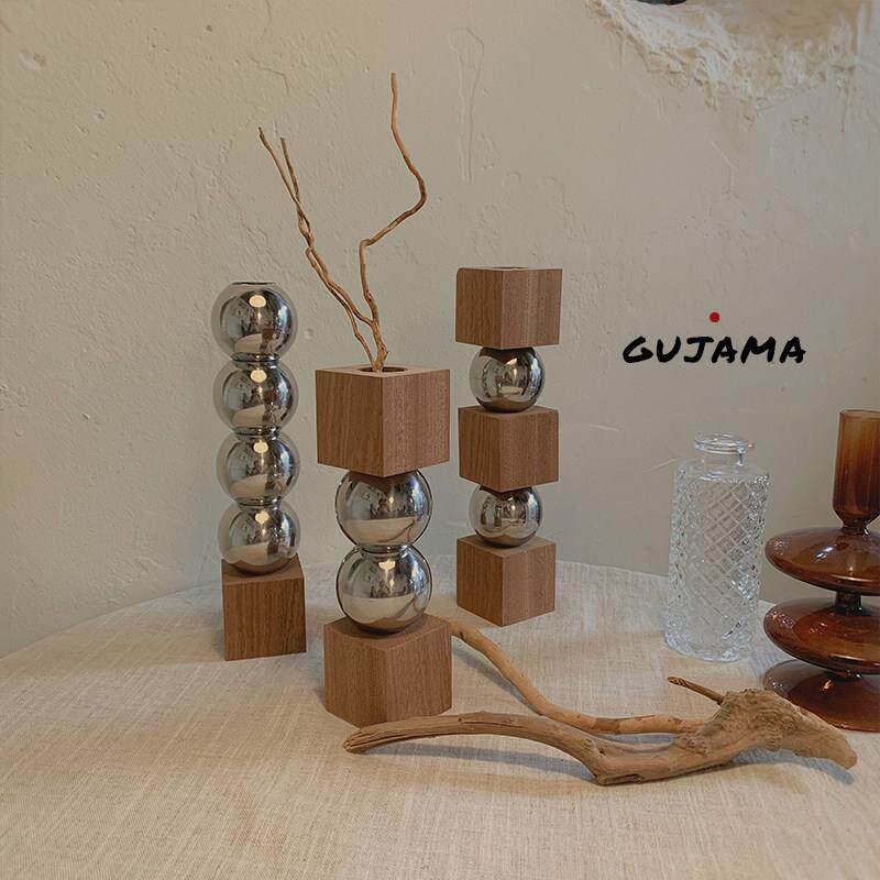 GUJAMA原创北欧几何实木金属插花器皿装饰摆件轻奢艺术花瓶ins