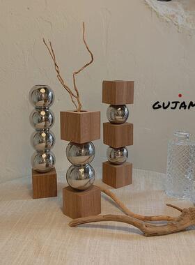 GUJAMA原创北欧几何实木金属插花器皿装饰摆件轻奢艺术花瓶ins