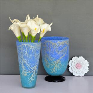 外贸出口蓝色磨砂雕刻彩色玻璃艺术花瓶欧式美式家居装饰客厅摆件