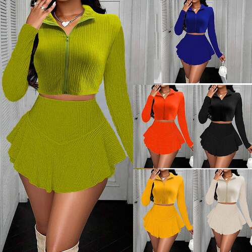 Womens Solid Fitted Long Sleeve Top & High Waist Skort