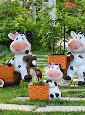 户外动物花盆卡通奶牛花缸花园庭院幼儿园装饰园林景观玻璃钢雕塑