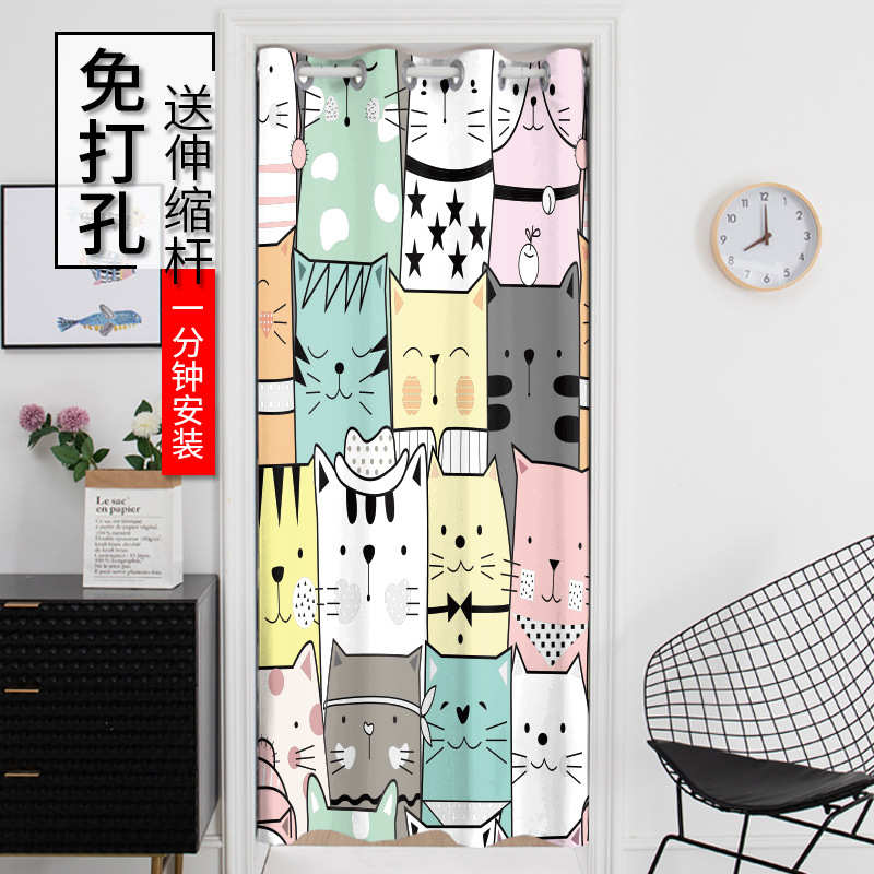 简约风可爱卡通猫咪免打孔门帘卫生间厨房遮挡帘夏季防蚊隔热帘子