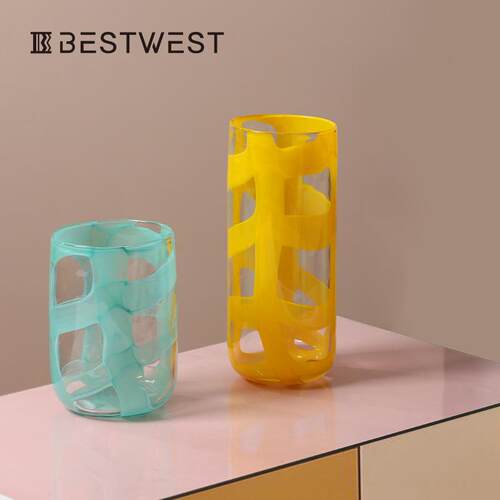 Best west 网格多巴胺色直筒玻璃花瓶创意ins家居客厅装饰插花器