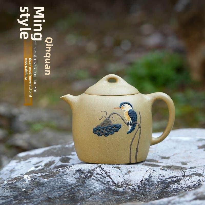 宜兴紫砂壶盘米手工茶壶茶具家用套装原装矿石段泥绘翠鸟秦泉310C