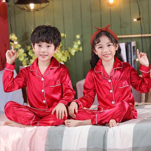 Kids Satijn Pyjama Sets Roze Goud Zijde Pyjama Lange Mouw To