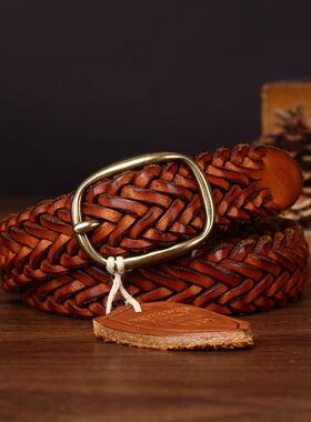 新款真皮铜扣手工编织皮带女真皮头层牛皮百搭复古编制牛仔裤腰带