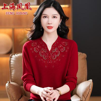 100纯羊毛衫妈妈本命年毛衣秋冬女装中老年V领红色毛衣婆婆打底衫