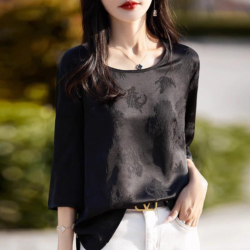 新中式国风真丝短袖t恤女2025年夏季新款七分袖缎面提花衬衫上衣图片
