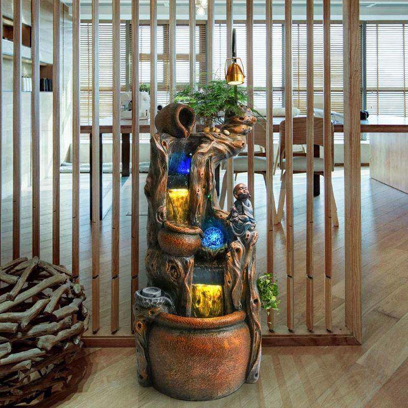 中式大型根雕禅意沙弥流水喷泉鱼缸加湿器风水轮景观假山客厅摆件