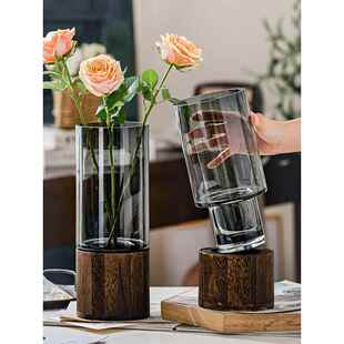 大口径富贵竹专用花瓶简约创意木托玻璃直筒银柳插客厅装饰摆件