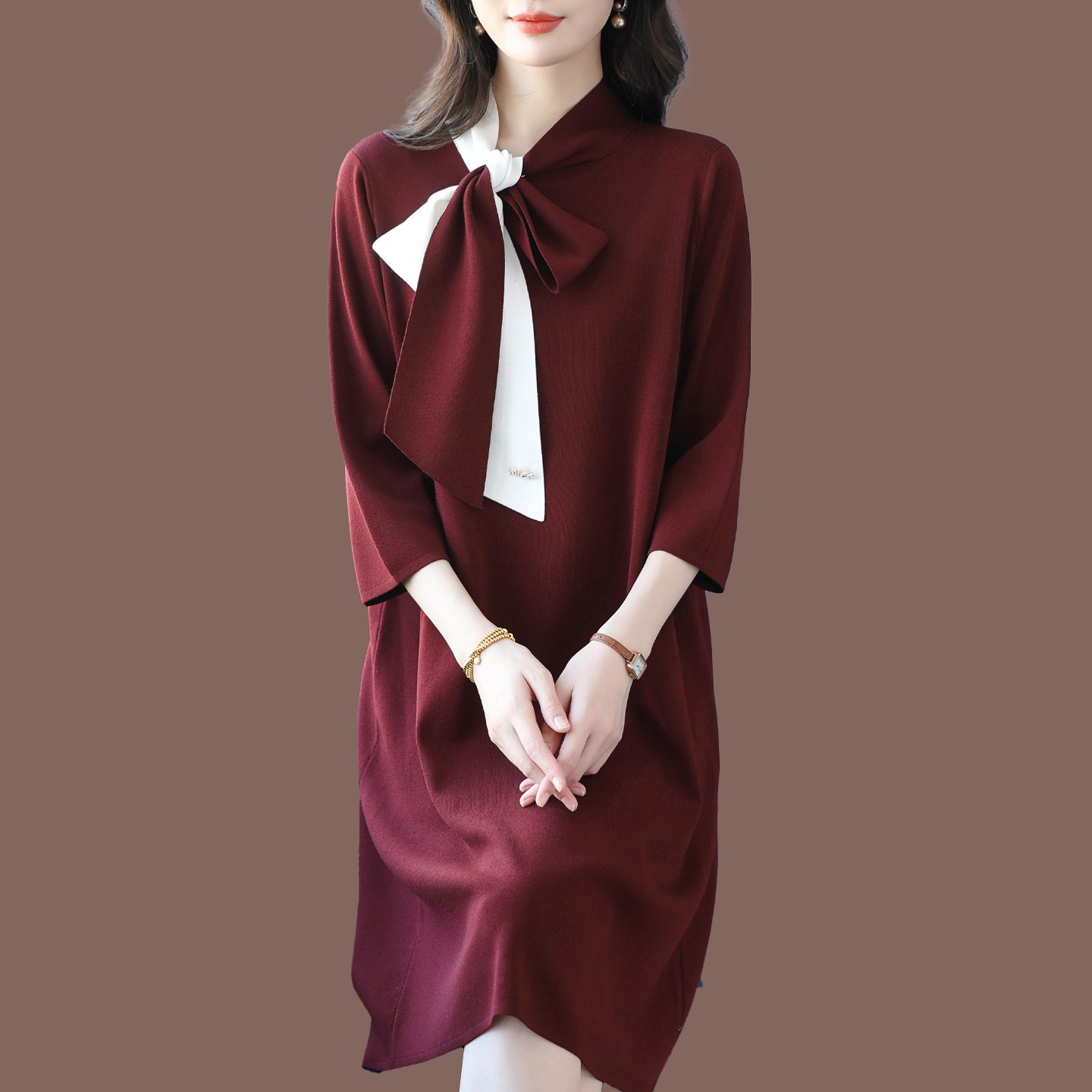 大码女装桑蚕丝连衣裙女宽松时尚套头蝴蝶结针织冰丝减龄气质遮肉