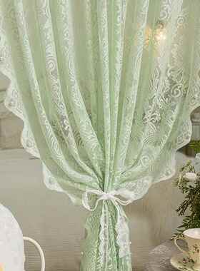 绿色蕾丝纱帘免打孔法式纱帘魔术贴装饰飘窗卧室阳台窗帘遮光安装