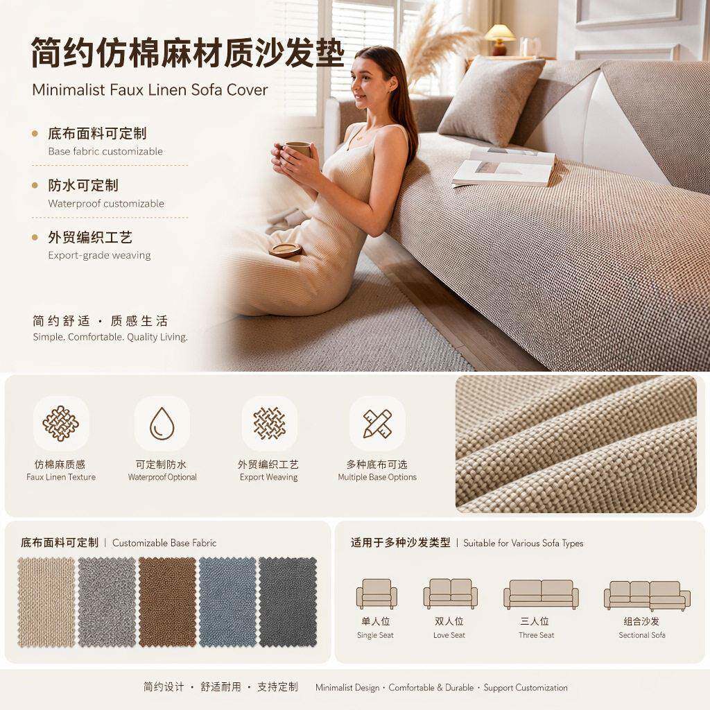 纯色新款亚麻现简约四季通用防滑老粗布沙发垫套子罩盖布巾全包