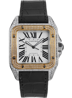 [9.8新]卡地亚山度士钢/18k黄金自动机械手表男表W20072X7后镶钻