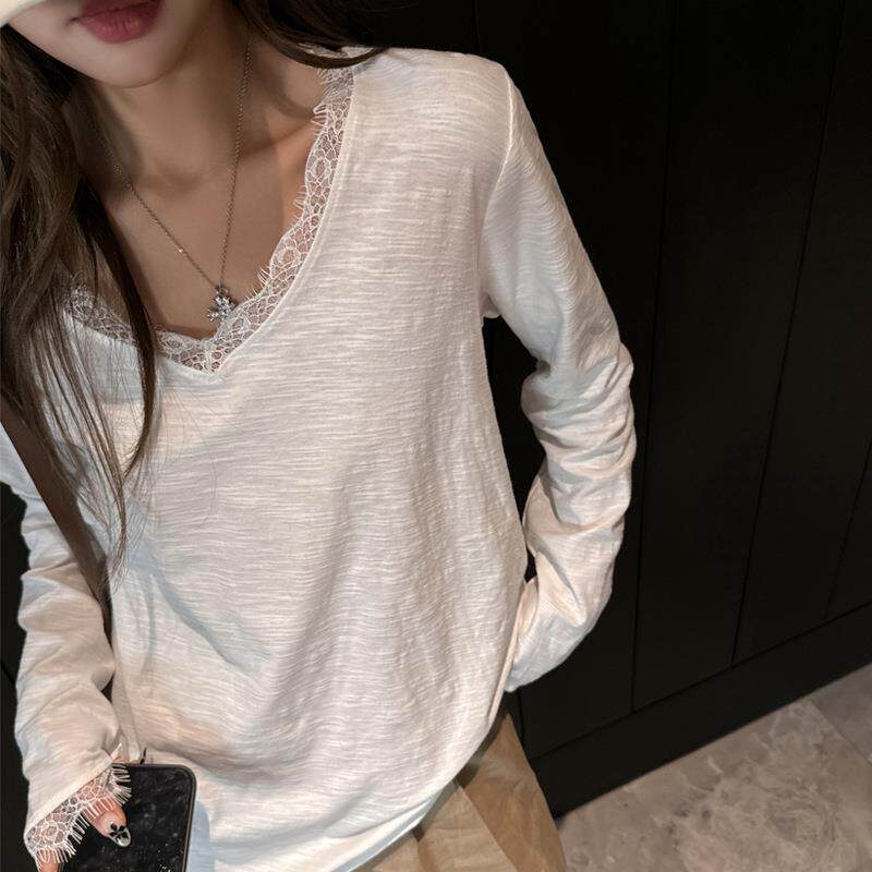 100%纯棉蕾丝V领拼接宽松版长袖t恤女士早秋设计感韩系高级感上衣