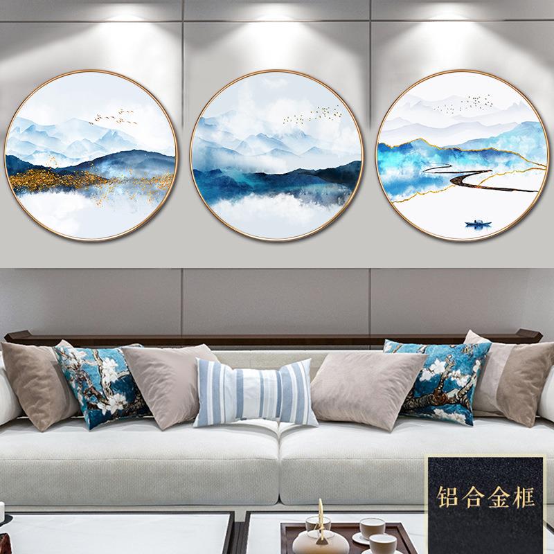 新中客厅圆关形装饰画铝合金式圆墙框画山水画餐铝合金圆厅挂画玄