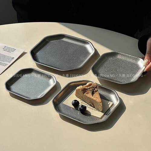 复古高级感不锈钢方形盘家用精致蛋糕盘子凉菜盘小吃碟吐骨碟托盘