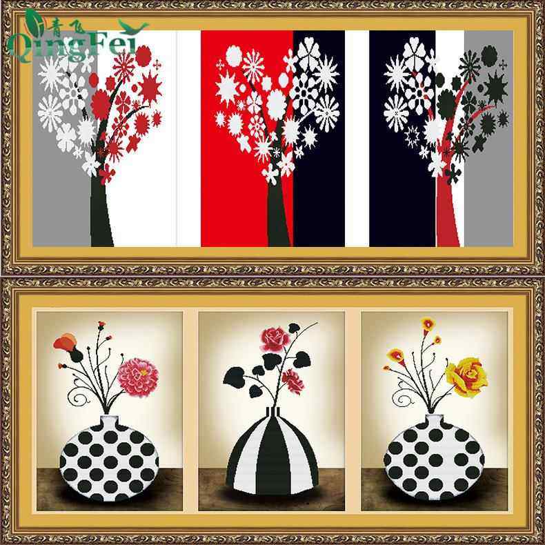 青飞缤纷绽放情定三生简约优雅三联画十字绣玫瑰花瓶现代简约客厅