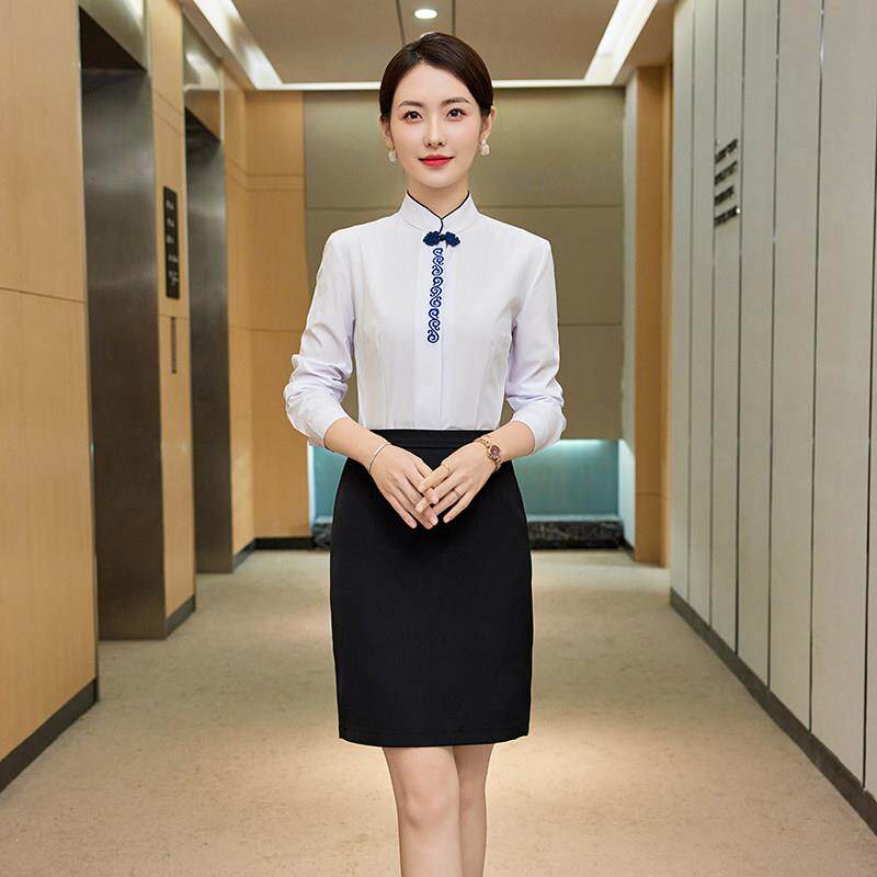 中式酒店服务员工作服衬衫女春秋季餐饮收银工装职业长袖衬衣套装