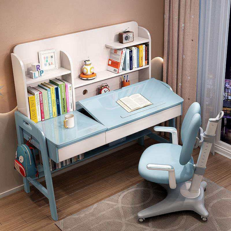 北欧儿童实木书桌椅组合书架一体写字桌桌面高度可调节学生学习桌