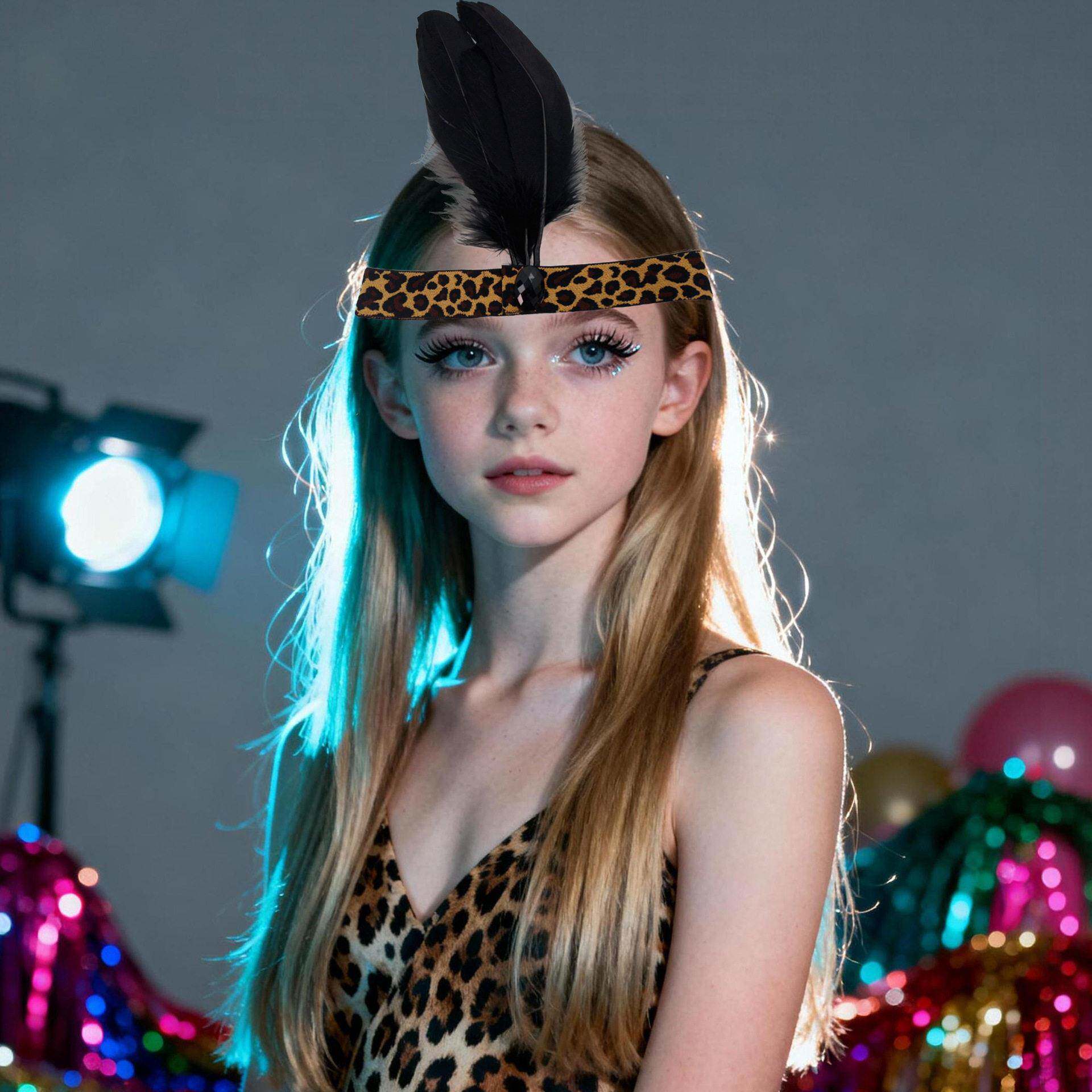 狂欢节豹纹三色羽毛鸵鸟镶钻头带化妆舞会派对节日饰品发饰头箍款