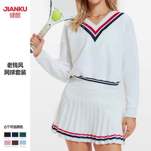 跨境瑜伽服长袖T恤女休闲v领运动高尔夫POLO衫户外训练网球服套装