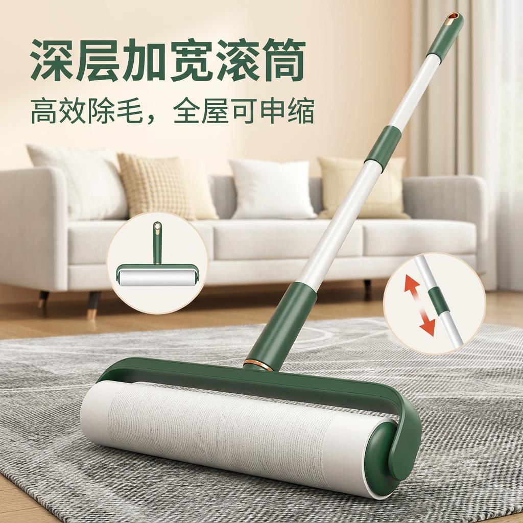粘毛器滚筒长杆大号不锈钢除毛器可伸缩清洁滚轮刷床上地板吹尘器