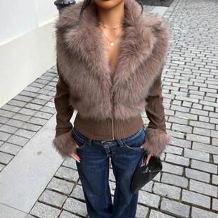 Fashion Street Style Patchwork Knit Faux Fur Winter Zipper