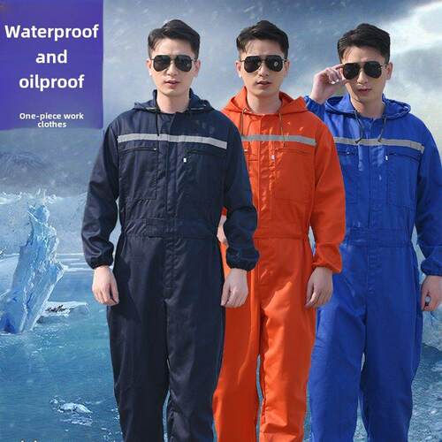 防油防污水手船连体工作服男劳保服连帽套装机修全身防雨面料