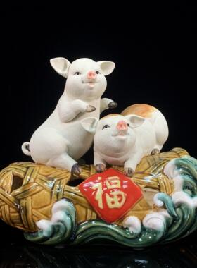 猪陶瓷摆饰家居客厅玄关十二生肖猪笼入水装饰品开业乔迁新居送礼