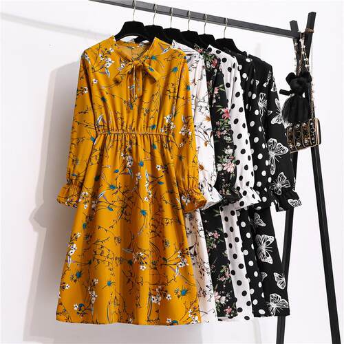 Bottom dress long sleeved elastic waist mid length skirt