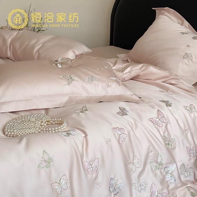 轻奢高支长绒棉四件套纯棉全棉唯美蝴蝶刺绣1.2m被套床笠床品紫色