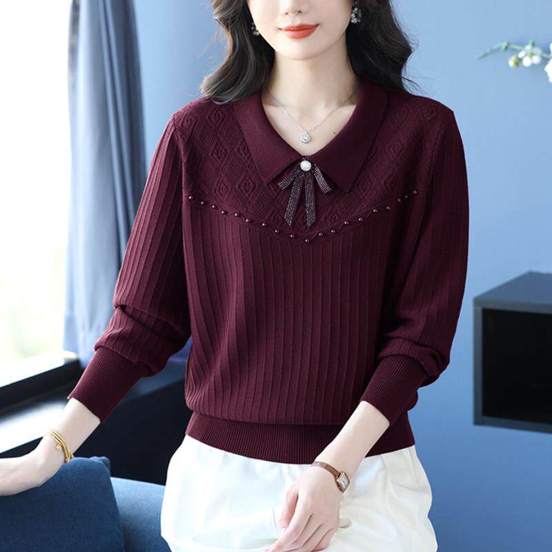 中年妈妈装桑蚕丝翻领T恤春装蝴蝶结针织衫女宽松大尺码洋派打底