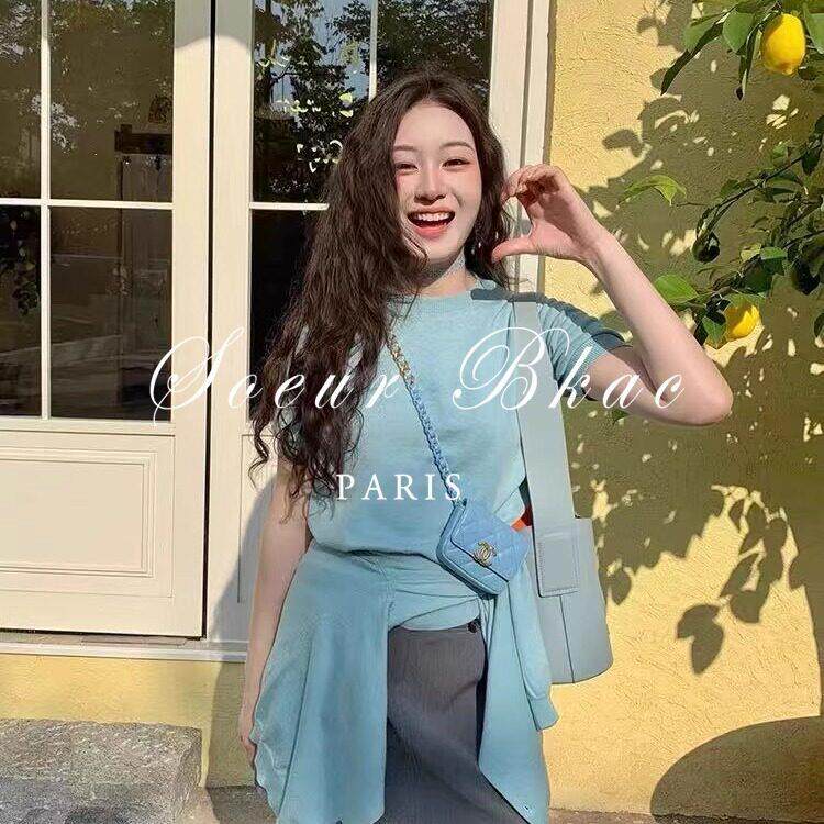 法国SOEUR BKAC法式蓝色T恤针织开衫单排扣女春季洋气内搭两件套