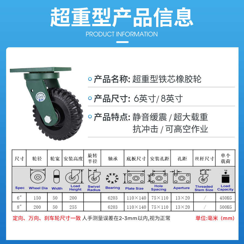 万向轮轮子5寸聚氨酯超重型脚轮定转向刹车68寸手推板车小拖车轮