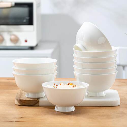 纯白骨瓷餐具10个装米饭碗套装防烫高脚碗家用吃饭碗泡面碗