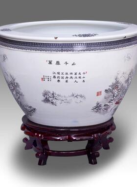 高档陶鱼包邮特大缸号景德镇创意金鱼缸乌龟缸白色雪景睡莲莲碗瓷