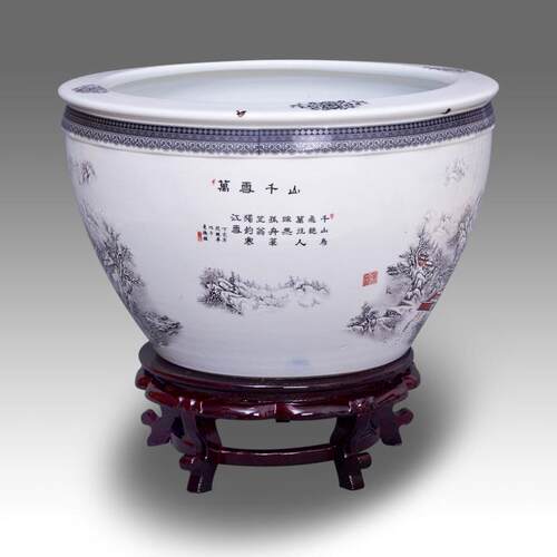 高档瓷缸鱼缸包邮特乌大陶号景德镇创意金鱼缸龟白色雪景睡莲碗莲