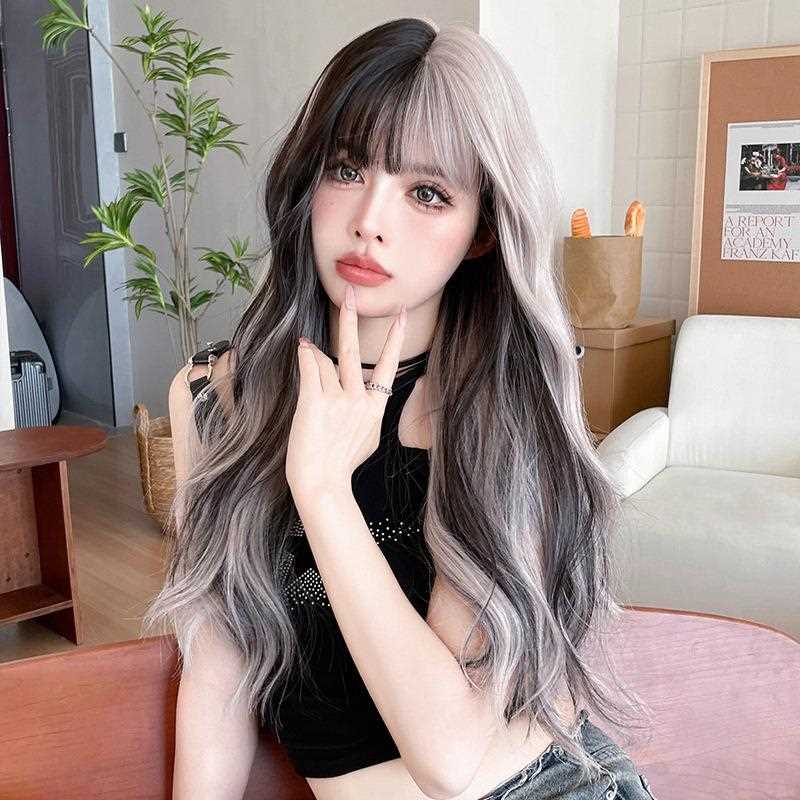 新款直销跨境爆款秋冬假发女长卷发大波浪挑染银灰粉假发化纤仿真