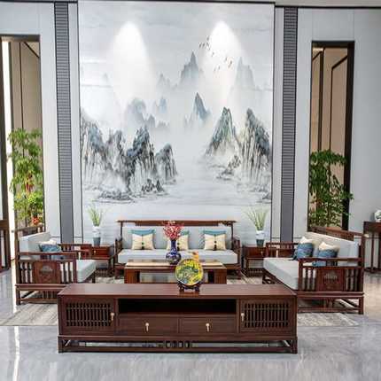 现代新中式沙发组合乌金木实木复古现代客厅家用大小户型别墅家具