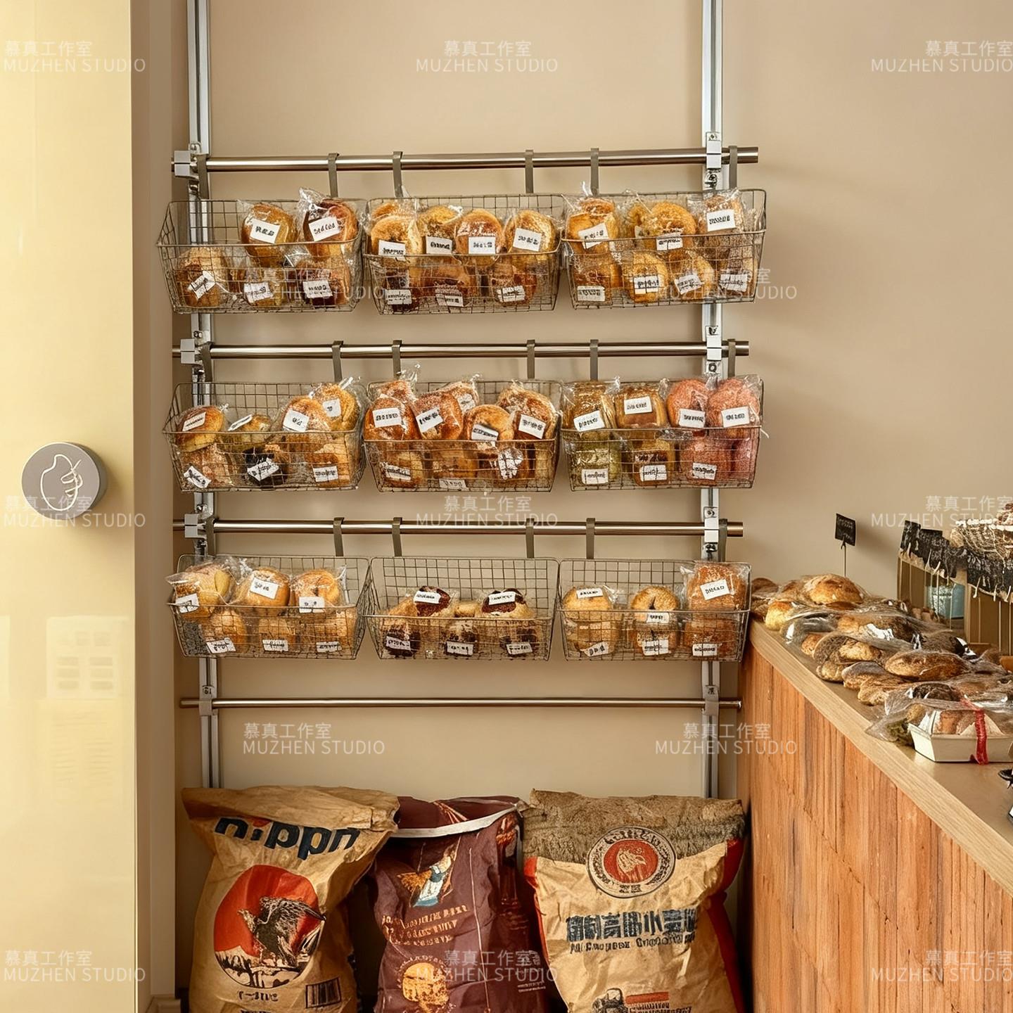 铝型材网红手作面包墙烘焙样品摆放展示金属斜口货架墙上置物架图片